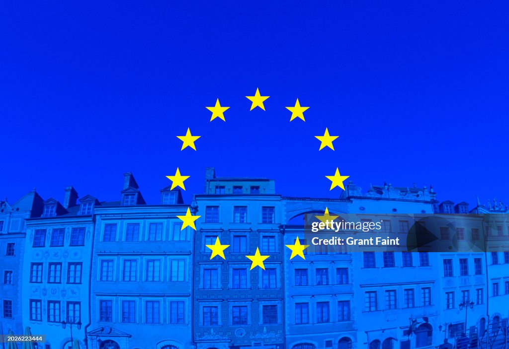 Composite image European union flag and city