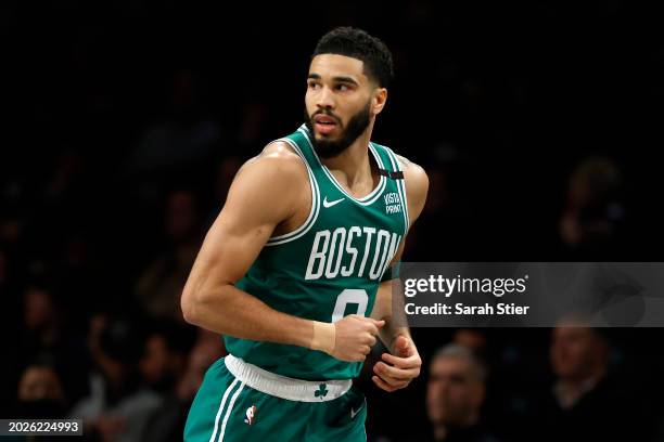 Jayson Tatum of the Boston Celtics jogs during the second half against the Brooklyn Nets at Barclays Center on February 13, 2024 in the Brooklyn...