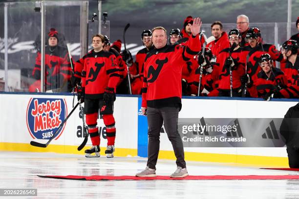 Former New Jersey Devils Martin Brodeur enters the ice for the ceremonial puck drop prior to the 2024 Navy Federal Credit Union Stadium Series game...