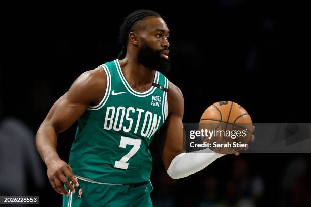 Jaylen Brown of the Boston Celtics dribbles during the second half against the Brooklyn Nets at Barclays Center on February 13, 2024 in the Brooklyn...