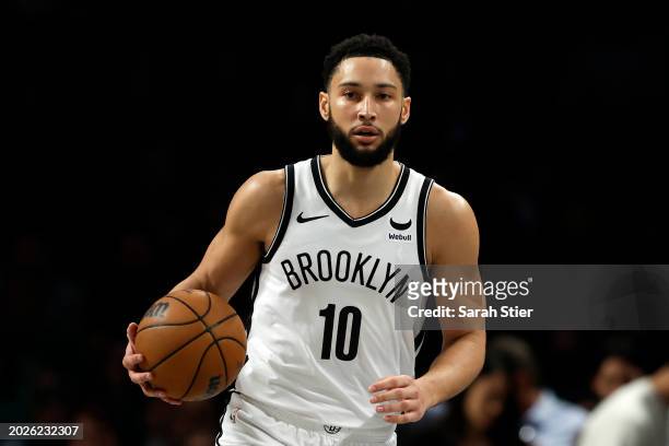 Ben Simmons of the Brooklyn Nets dribbles during the second half against the Boston Celtics at Barclays Center on February 13, 2024 in the Brooklyn...