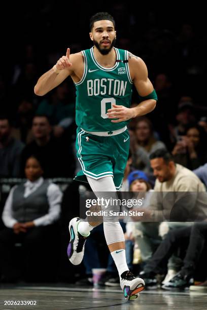 Jayson Tatum of the Boston Celtics reacts during the second half against the Brooklyn Nets at Barclays Center on February 13, 2024 in the Brooklyn...