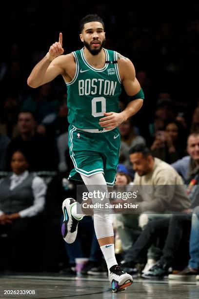 Jayson Tatum of the Boston Celtics reacts during the second half against the Brooklyn Nets at Barclays Center on February 13, 2024 in the Brooklyn...