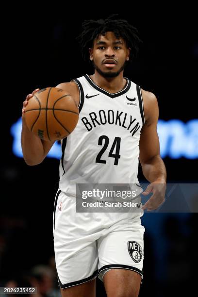 Cam Thomas of the Brooklyn Nets dribbles during the second half against the Boston Celtics at Barclays Center on February 13, 2024 in the Brooklyn...