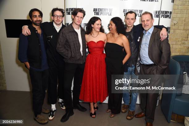 Shubham Saraf, Zachary Hart, Matt Smith, Jessica Brown Findlay, Priyanga Burford, Paul Hilton and Nigel Lindsay attend the press night party for "An...