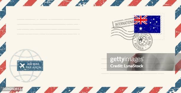 blank air mail grunge envelope with australia postage stamp. vintage postcard vector illustration with australian national flag isolated on white background. retro style. - australian notes stock illustrations