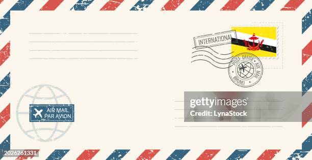 blank air mail grunge envelope with brunei postage stamp. vintage postcard vector illustration with bruneian national flag isolated on white background. retro style. - brunei stock illustrations