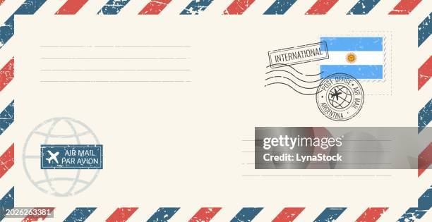 ilustrações de stock, clip art, desenhos animados e ícones de blank air mail grunge envelope with argentina postage stamp. vintage postcard vector illustration with argentinian national flag isolated on white background. retro style. - argentina