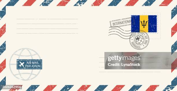 blank air mail grunge envelope with barbados postage stamp. vintage postcard vector illustration with barbadian national flag isolated on white background. retro style. - barbados stock illustrations