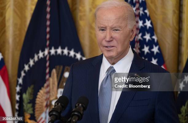 President Joe Biden speaks during the National Governors Association Winter Meeting in the East Room of the White House in Washington, DC, US, on...
