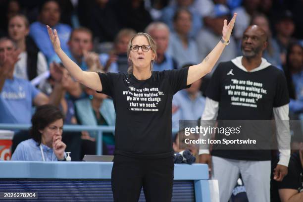 North Carolina Tar Heels head coach Courtney Banghart questions her team's defense during the college basketball game between the North Carolina Tar...