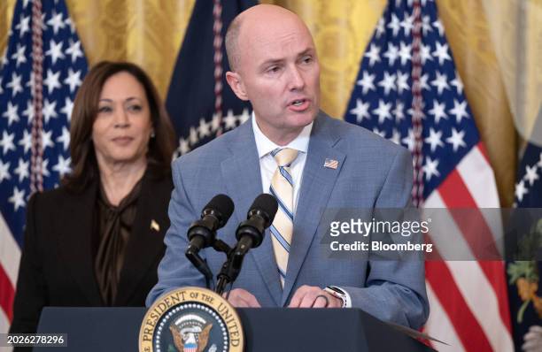 Spencer Cox, governor of Utah, speaks during the National Governors Association Winter Meeting in the East Room of the White House in Washington, DC,...