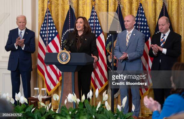 President Joe Biden, from left, Vice President Kamala Harris, Jared Polis, governor of Colorado, and Spencer Cox, governor of Utah during the...