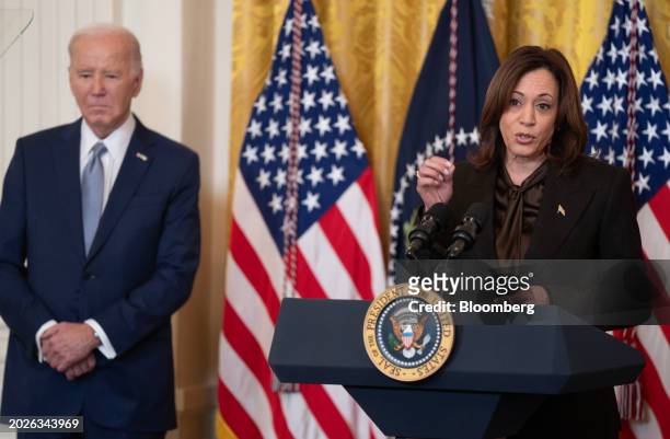 President Joe Biden, left, and Vice President Kamala Harris during the National Governors Association Winter Meeting in the East Room of the White...