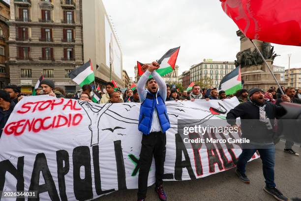 People during the demonstration in Naples, in solidarity with the Palestinian people, and against the massive Israeli attacks on the Gaza strip.