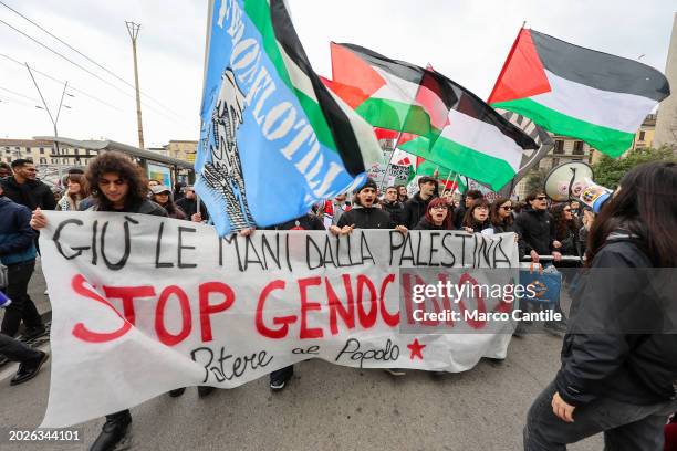 People during the demonstration in Naples, in solidarity with the Palestinian people, and against the massive Israeli attacks on the Gaza strip.