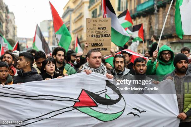 People during the demonstration in Naples, in solidarity with the Palestinian people, and against the massive Israeli attacks on the Gaza strip.