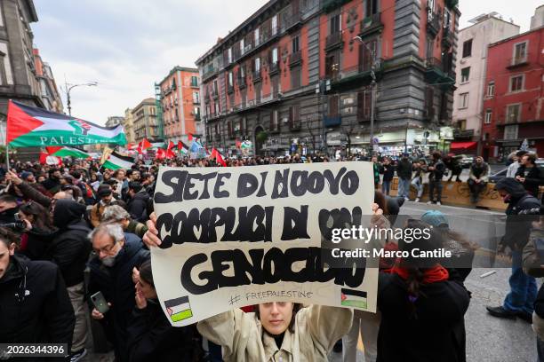 People during the demonstration in Naples, in solidarity with the Palestinian people, and against the massive Israeli attacks on the Gaza strip.