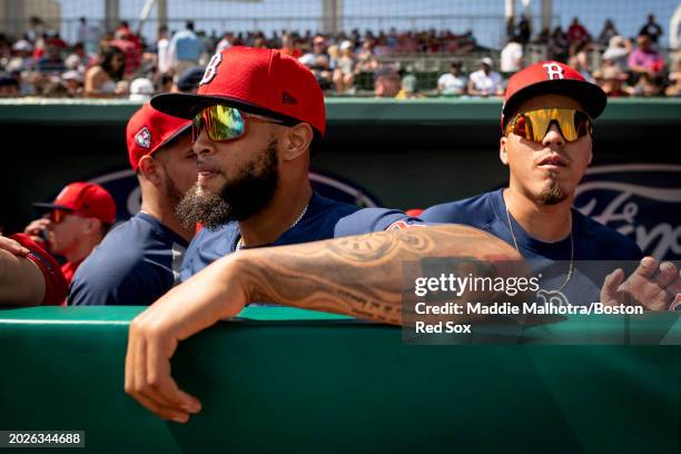 Luis Guerrero of the Boston Red Sox reacts in the dugout before a game against the Northeastern Huskies at JetBlue Park at Fenway South on February...
