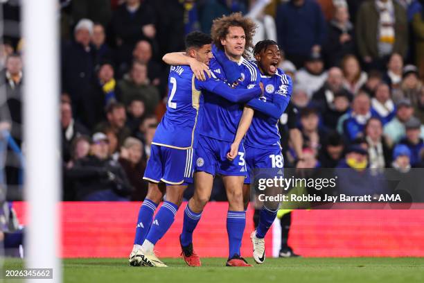 Wout Faes of Leicester City celebrates after scoring a goal to make it 0-1 during the Sky Bet Championship match between Leeds United and Leicester...