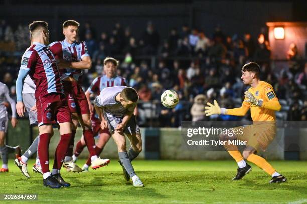 Louth , Ireland - 23 February 2024; Darragh Leahy of Waterford shoots to score his side's third goal during the SSE Airtricity Men's Premier Division...