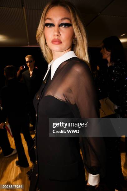 Gigi Hadid backstage at Versace RTW Fall 2024 as part of Milan Ready to Wear Fashion Week held at Allianz MiCo on February 23, 2024 in Milan, Italy.