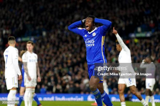 Leicester City's Patson Daka reacts after having a goal ruled out during the Sky Bet Championship match at Elland Road, Leeds. Picture date: Friday...