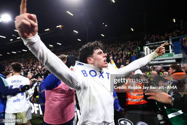 Archie Gray of Leeds United celebrates after scoring a goal to make it 2-1 during the Sky Bet Championship match between Leeds United and Leicester...