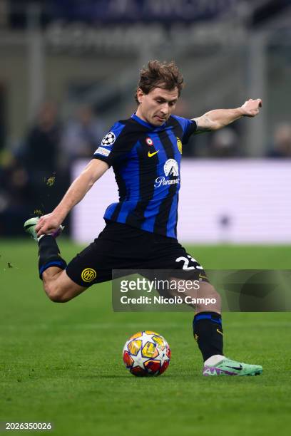 Nicolo Barella of FC Internazionale kicks the ball during the UEFA Champions League round of 16 first leg football match between FC Internazionale...