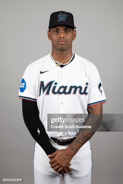 Edward Cabrera of the Miami Marlins poses for a photo during the Miami Marlins Photo Day at Roger Dean Chevrolet Stadium on Thursday, February 22,...
