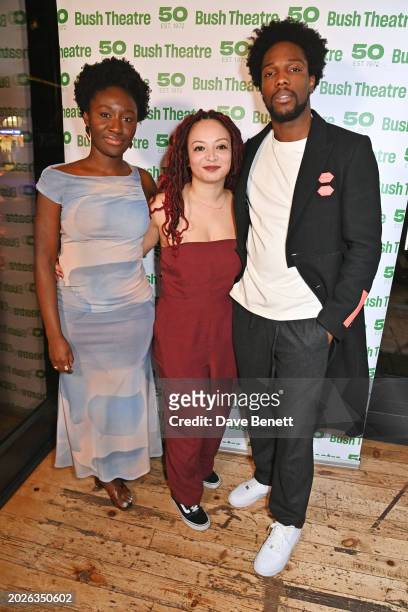 Heather Agyepong, Lynette Linton and Tosin Cole attend the press night after party for "Shifters" at The Bush Theatre on February 23, 2024 in London,...