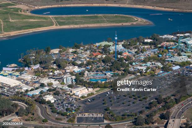 In an aerial view, SeaWorld San Diego is located on the south side of Mission Bay on January 13, 2024 in San Diego, California. Mission Bay is the...