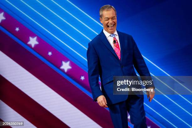 Nigel Farage, former leader of the Brexit Party, arrives to speak during the Conservative Political Action Conference in National Harbor, Maryland,...