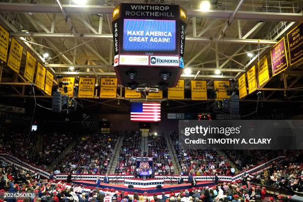 Former US President and 2024 presidential hopeful Donald Trump speaks at a "Get Out the Vote" rally at the Winthrop Coliseum in Rock Hill, South...