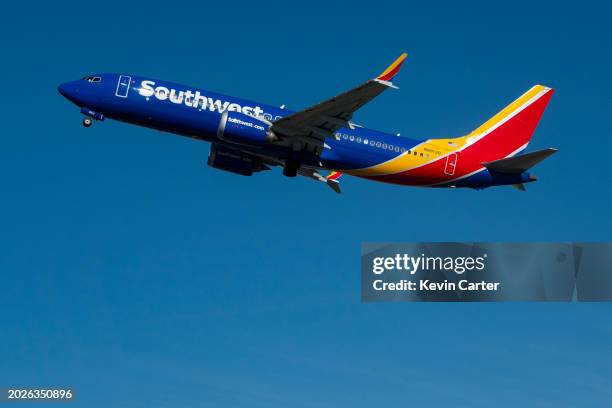 Southwest Airlines Boeing 737 MAX 8 jet takes departs from San Diego International Airport en route to Denver on January 13, 2024 in San Diego,...
