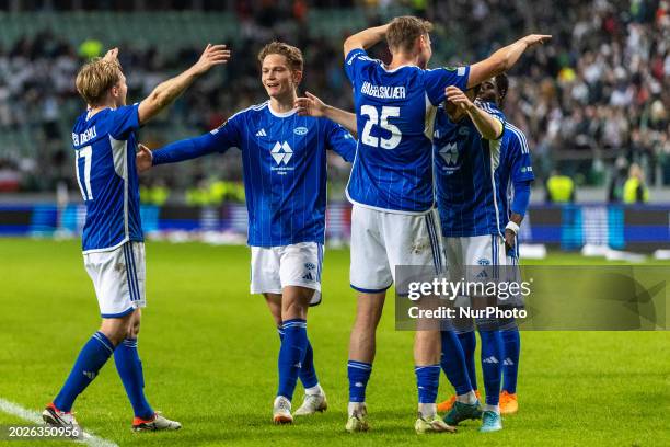 Team Molde is celebrating during the UEFA Europa Conference League match between Legia Warsaw and Molde FK in Warsaw, Poland, on February 22, 2024.