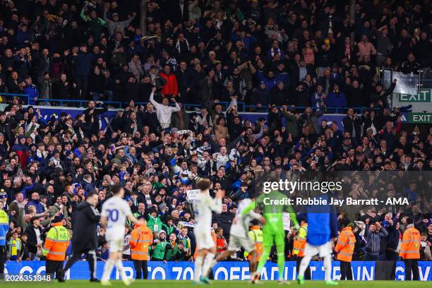 Fans of Leeds United celebrate their teams 3-1 victory at full time during the Sky Bet Championship match between Leeds United and Leicester City at...