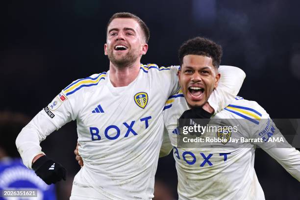 Patrick Bamford and Georginio Rutter of Leeds United celebrate at full time during the Sky Bet Championship match between Leeds United and Leicester...