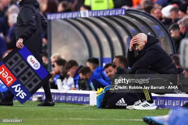 Enzo Maresca the head coach / manager of Leicester City reacts during the Sky Bet Championship match between Leeds United and Leicester City at...