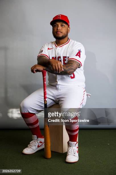 Outfielder Willie Calhoun poses for a portrait during Los Angeles Angels photo day on February 21, 2024 at Tempe Diablo Stadium in Tempe, AZ.