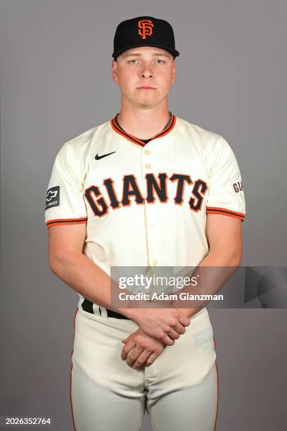 Kyle Harrison of the San Francisco Giants poses for a photo during the San Francisco Giants Photo Day at Scottsdale Stadium on Wednesday, February...