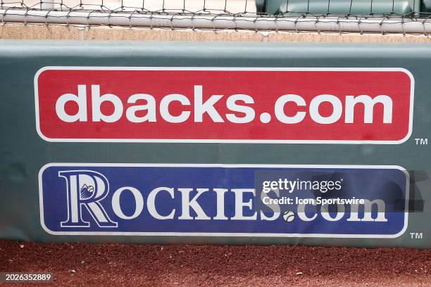 The Arizona Diamondbacks and the Colorado Rockies logos before the MLB spring training baseball game between the Arizona Diamondbacks and the...