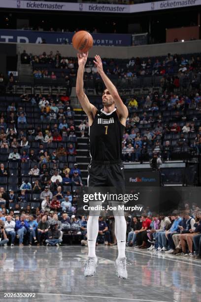 Santi Aldama of the Memphis Grizzlies shoots a three point basket during the game against the LA Clippers on February 23, 2024 at FedExForum in...