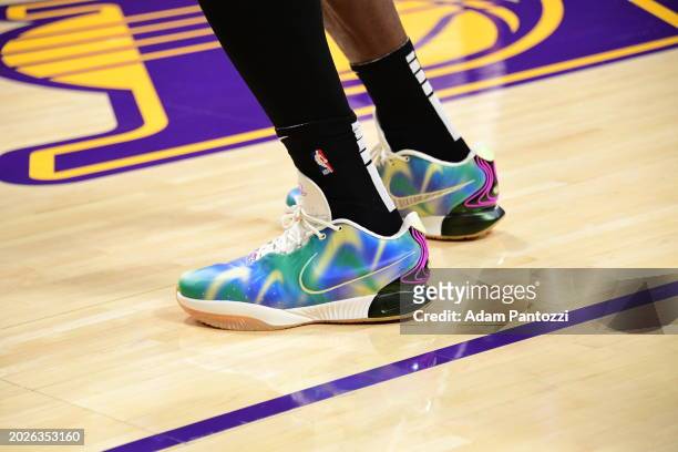 The sneakers worn by LeBron James of the Los Angeles Lakers on February 23, 2024 at Crypto.Com Arena in Los Angeles, California. NOTE TO USER: User...