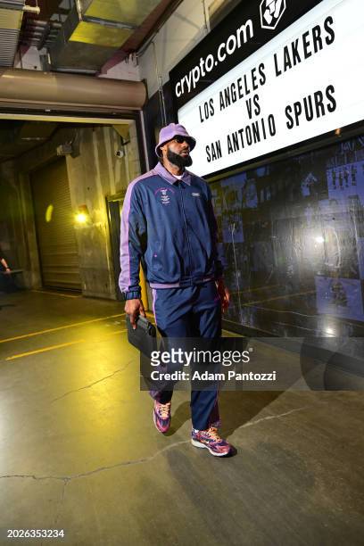 LeBron James of the Los Angeles Lakers arrives to the arena before the game on February 23, 2024 at Crypto.Com Arena in Los Angeles, California. NOTE...