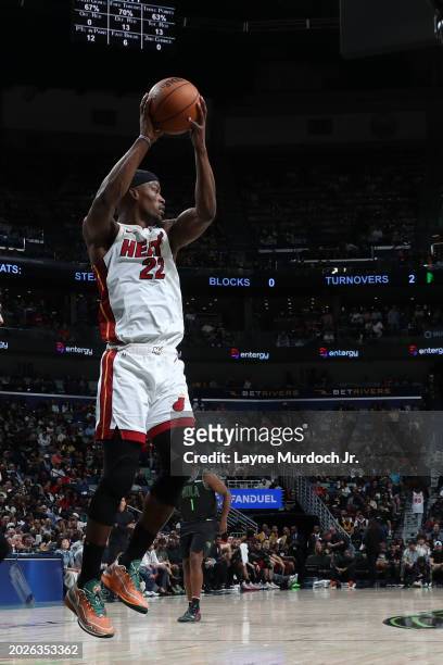 Jimmy Butler of the Miami Heat grabs the rebound during the game against the New Orleans Pelicans on February 23, 2024 at the Smoothie King Center in...