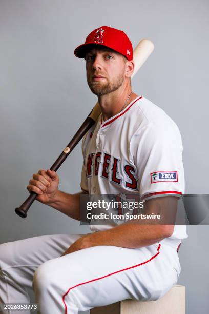 Infielder Hunter Dozier poses for a portrait during Los Angeles Angels photo day on February 21, 2024 at Tempe Diablo Stadium in Tempe, AZ.