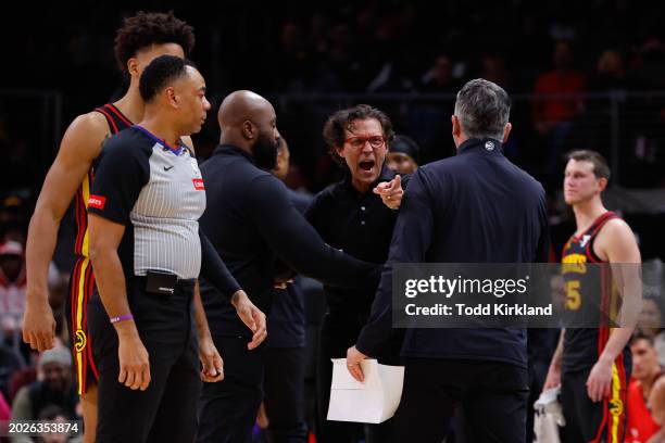 Atlanta Hawks head coach Quin Snyder is ejected during the second quarter against the Toronto Raptors at State Farm Arena on February 23, 2024 in...