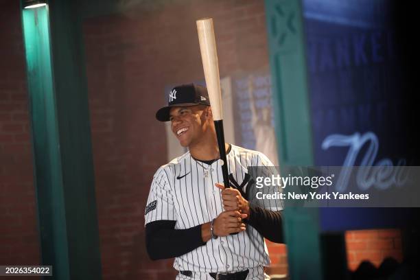Behind the scenes photo of Juan Soto of the New York Yankees during the New York Yankees Photo Day at George M. Steinbrenner Field on February 21,...