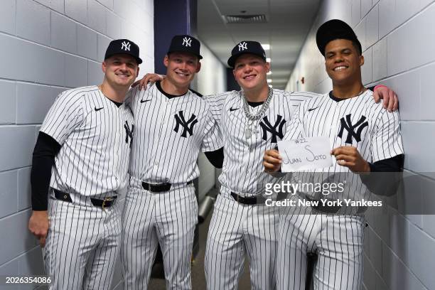 Clarke Schmidt, Will Warren, Alex Verdugo and Juan Soto pose for a photo during the New York Yankees Photo Day at George M. Steinbrenner Field on...
